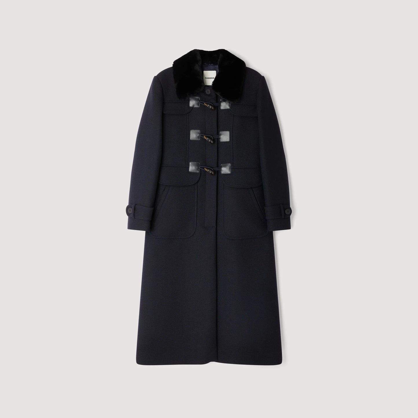Sandro Toggle Button Coat with Shearling Collar in Navy, Size 38