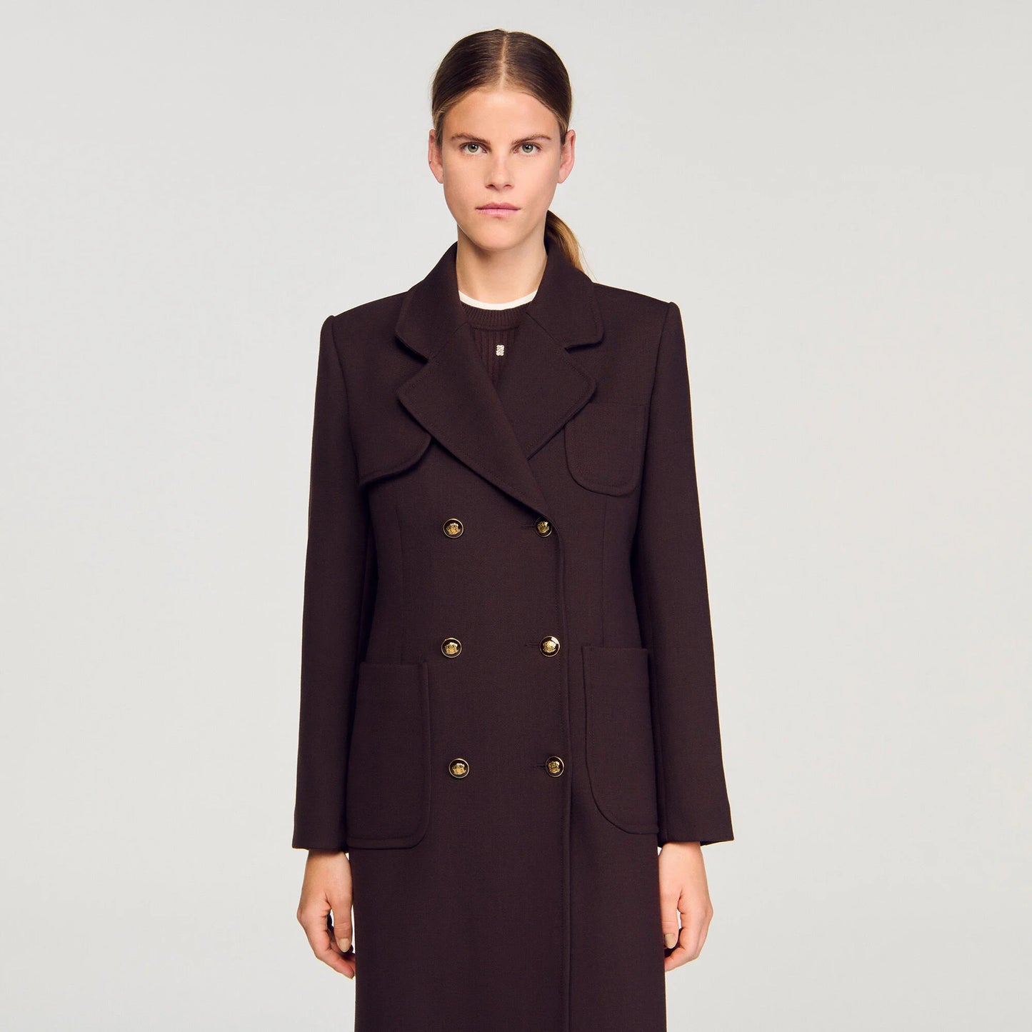 Sandro Double Breasted Coat in Brown, size 38
