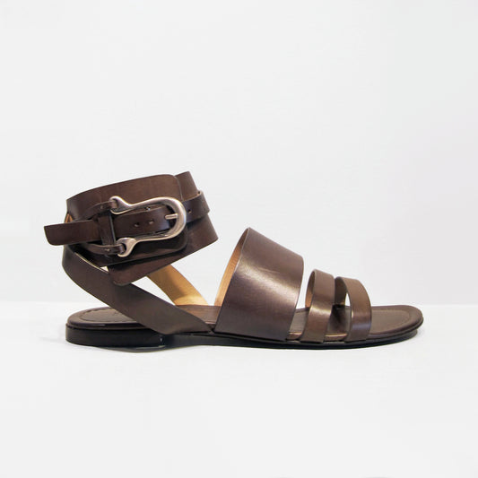 Sartore Triple Strap Leather Sandals in Taupe, size 40