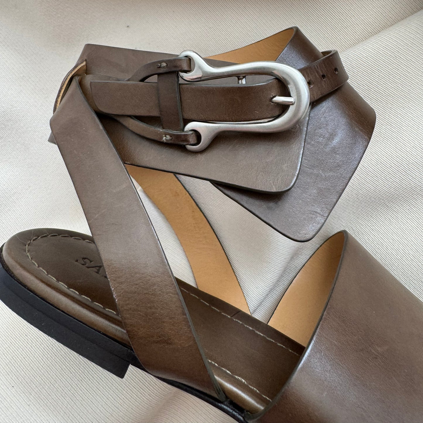 Sartore Triple Strap Leather Sandals in Taupe, size 40