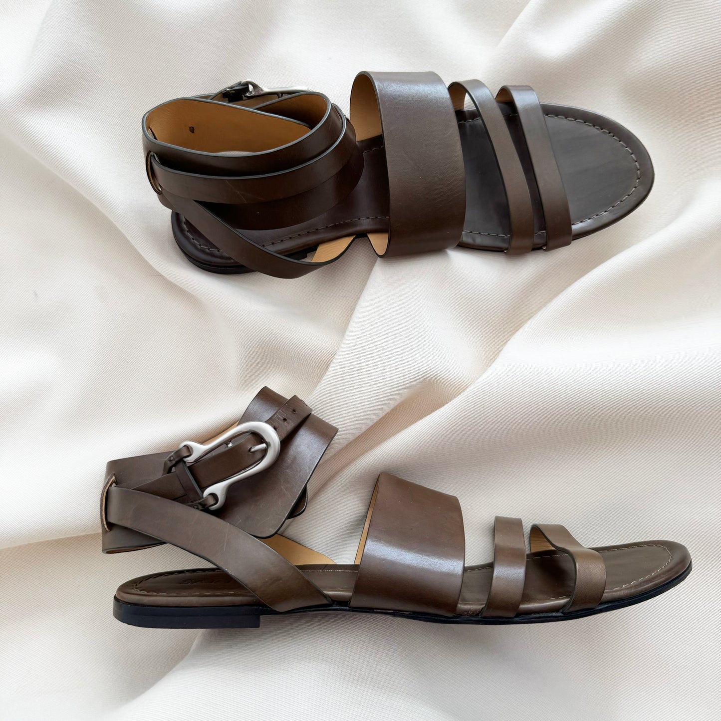 Sartore Triple Strap Leather Sandals in Taupe, size 40