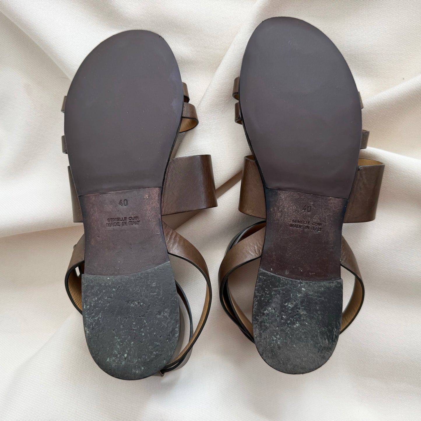 Sartore Triple Strap Leather Sandals in Taupe, size 40