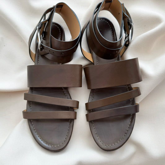 Sartore Triple Strap Leather Sandals in Taupe, size 40