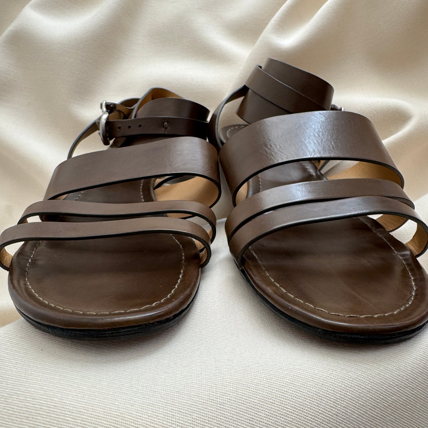 Sartore Triple Strap Leather Sandals in Taupe, size 40