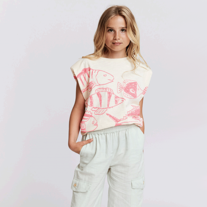 ** KIDS ** AO76 "Lora" T-shirt with Fishes in Natural, size 10 years