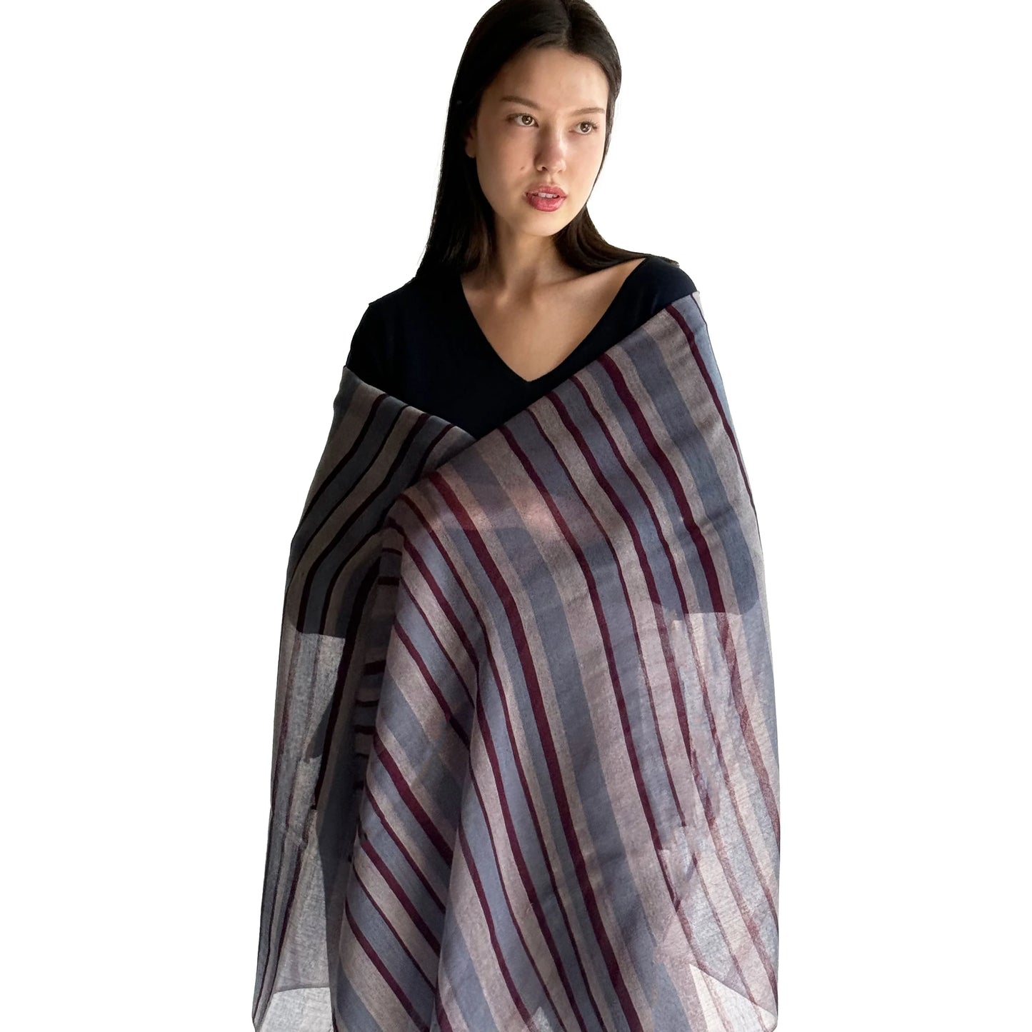 Denis Colomb "Simi" Striped Scarf in Dark Crush Violet/Pale Jade/Dark Jade