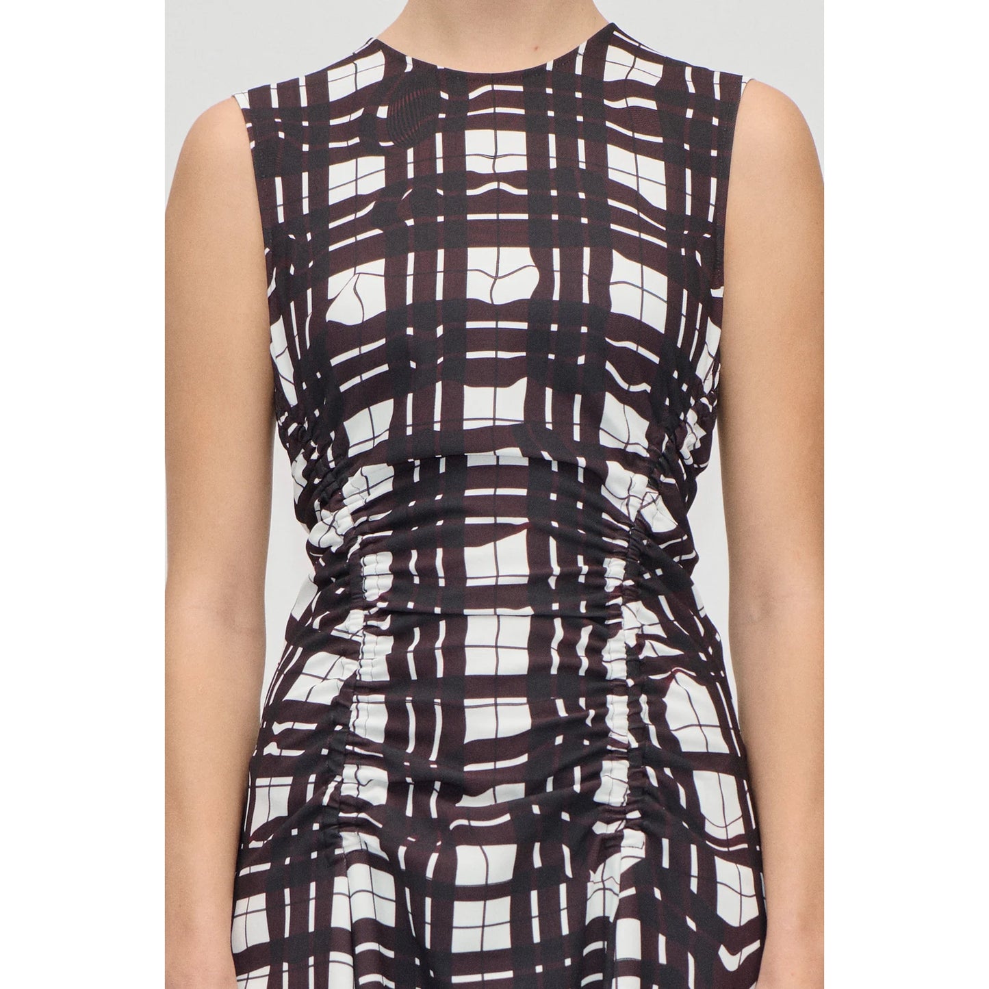 Stine Goya Gathered Midi Dress in Burgundy Checkered Wave, size Small