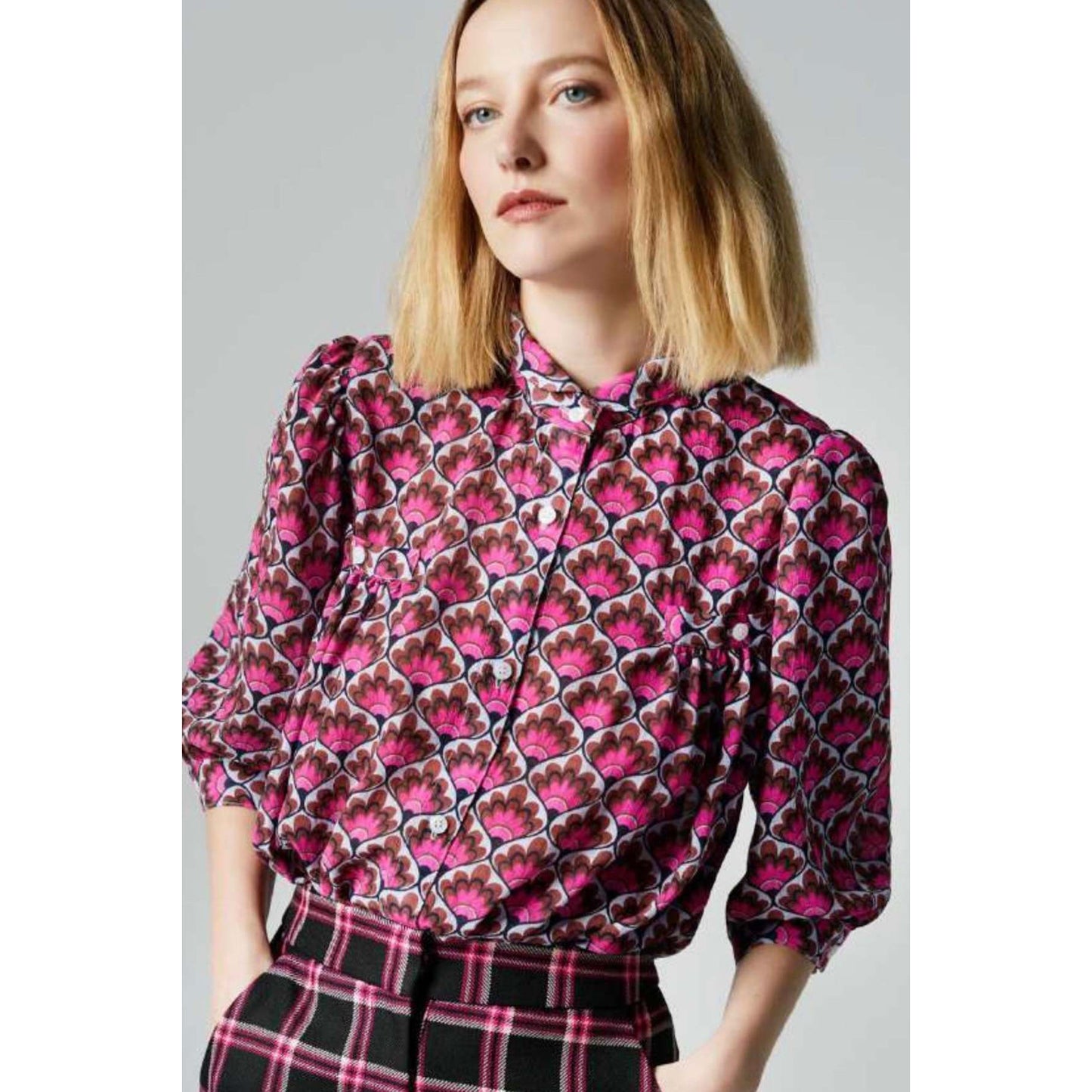 Smythe Shirred Pocket Blouse in Pink Tile Print, Size Small
