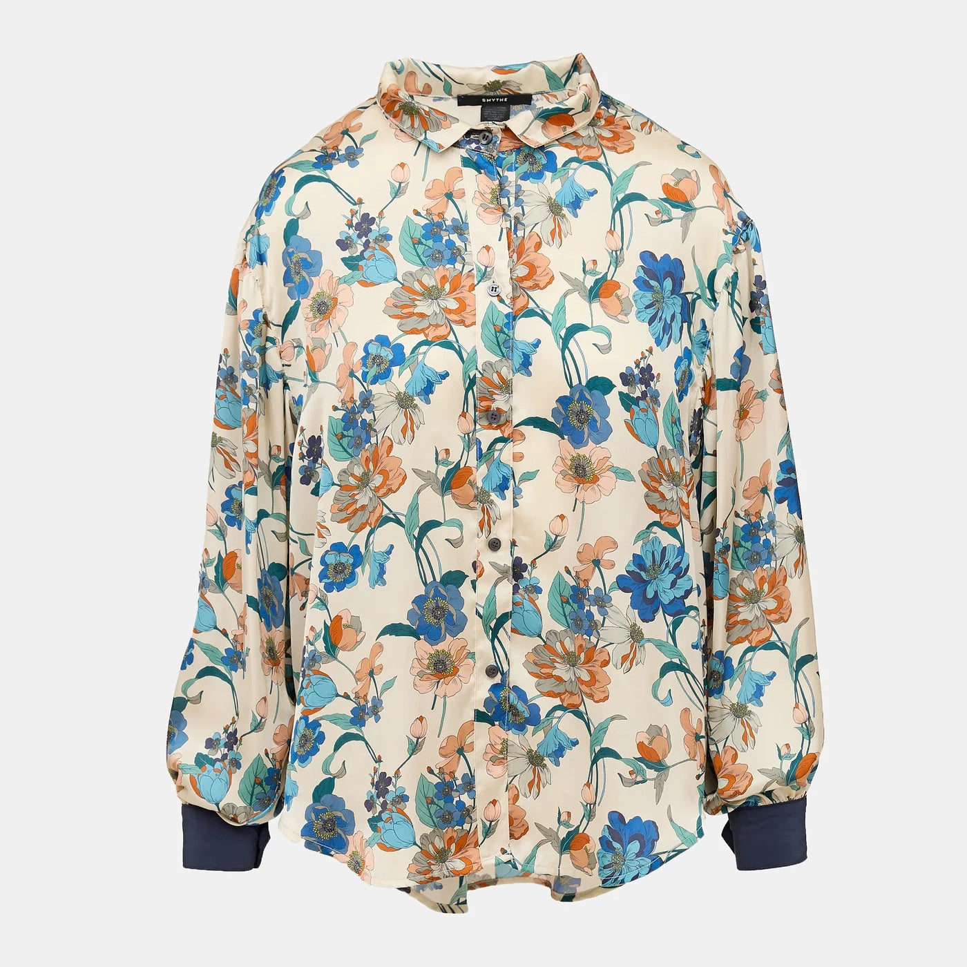 Smythe Cream Floral Print Blouse in Ivory/Blue, size Small