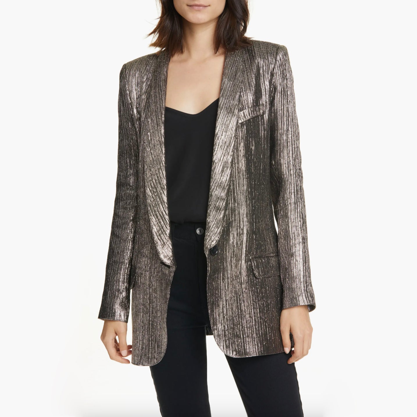 Smythe Long Shawl Collar Blazer in Pewter Lamé, size 4 (fits like size 2)