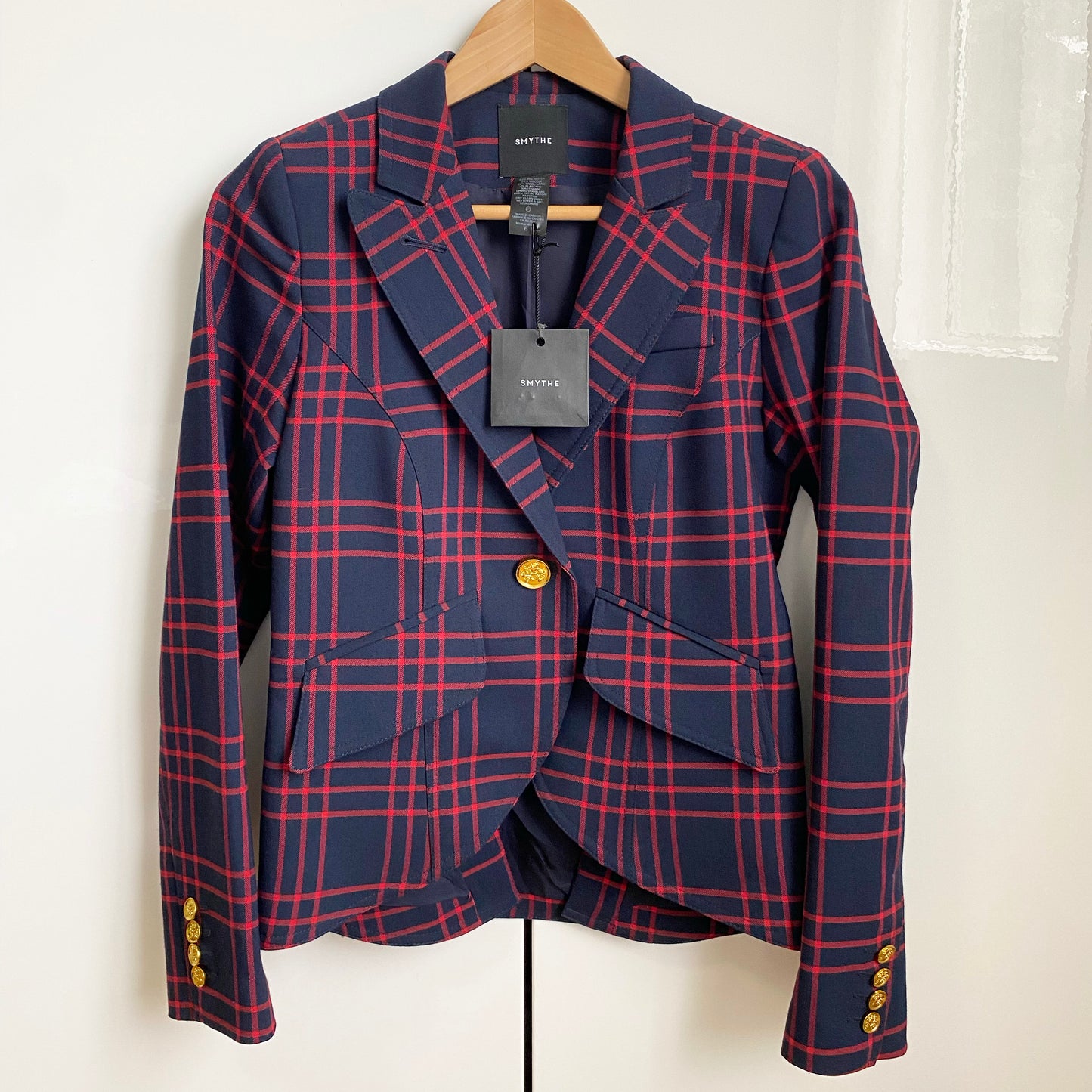 Smythe One Button Checked Blazer in Red/Navy, size 6 (Fits like slim size 4)