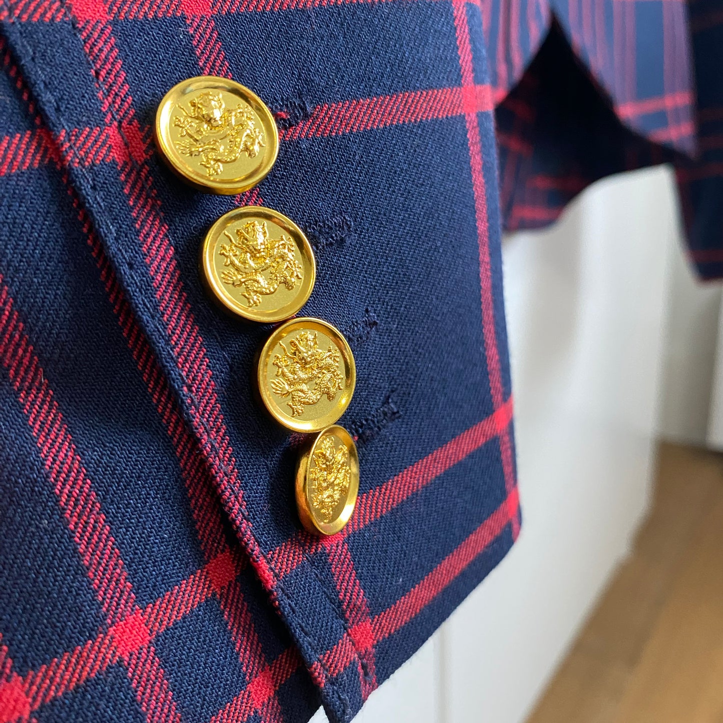 Smythe One Button Checked Blazer in Red/Navy, size 6 (Fits like slim size 4)