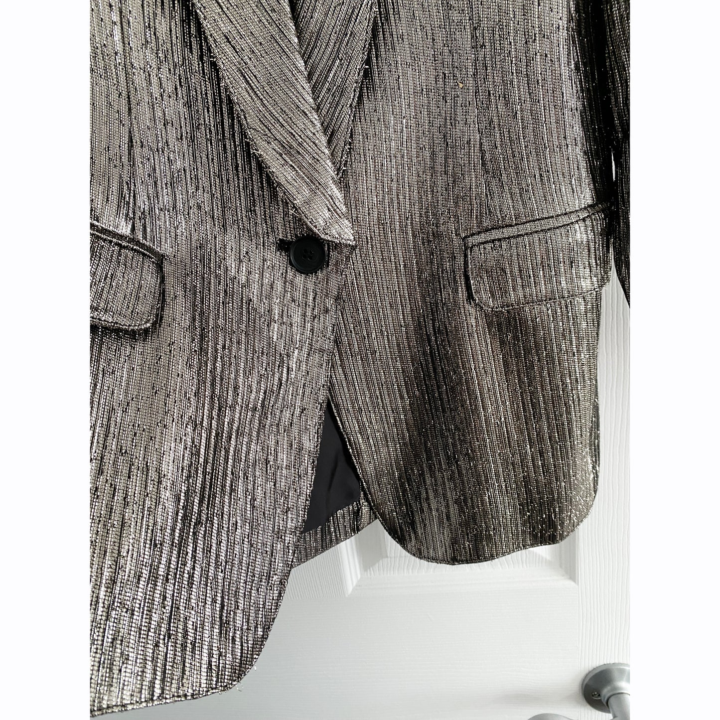 Smythe Long Shawl Collar Blazer in Pewter Lamé, size 4 (fits like size 2)