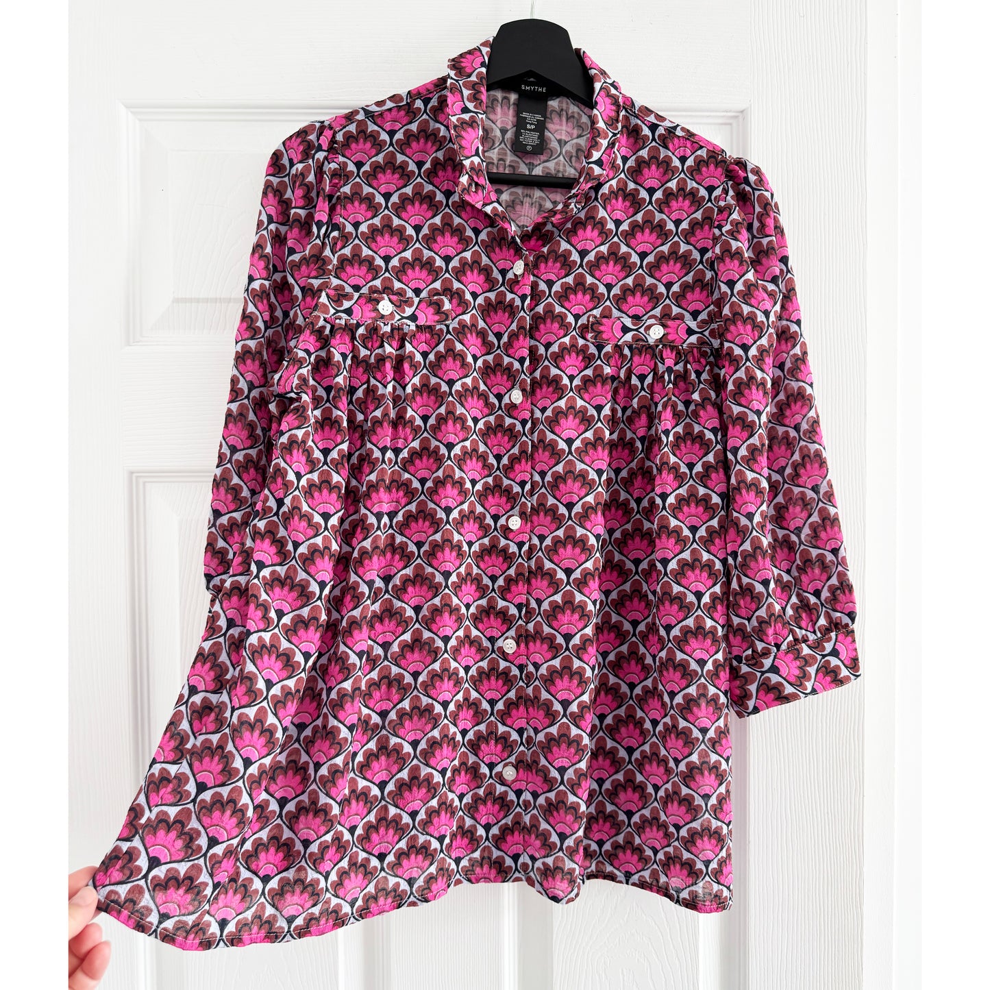 Smythe Shirred Pocket Blouse in Pink Tile Print, Size Small