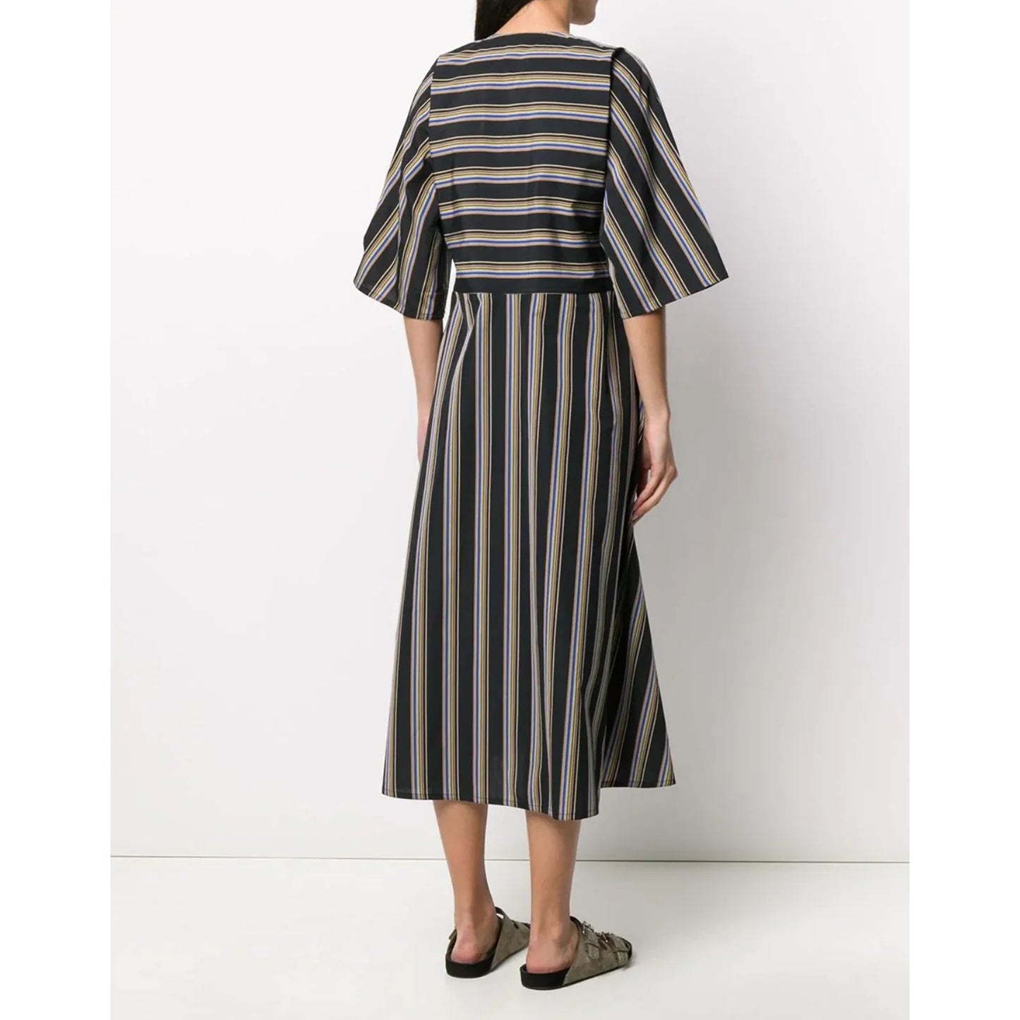 Sofie D'Hoore Striped Double Twisted Cotton Waisted Dress in Black, size 40