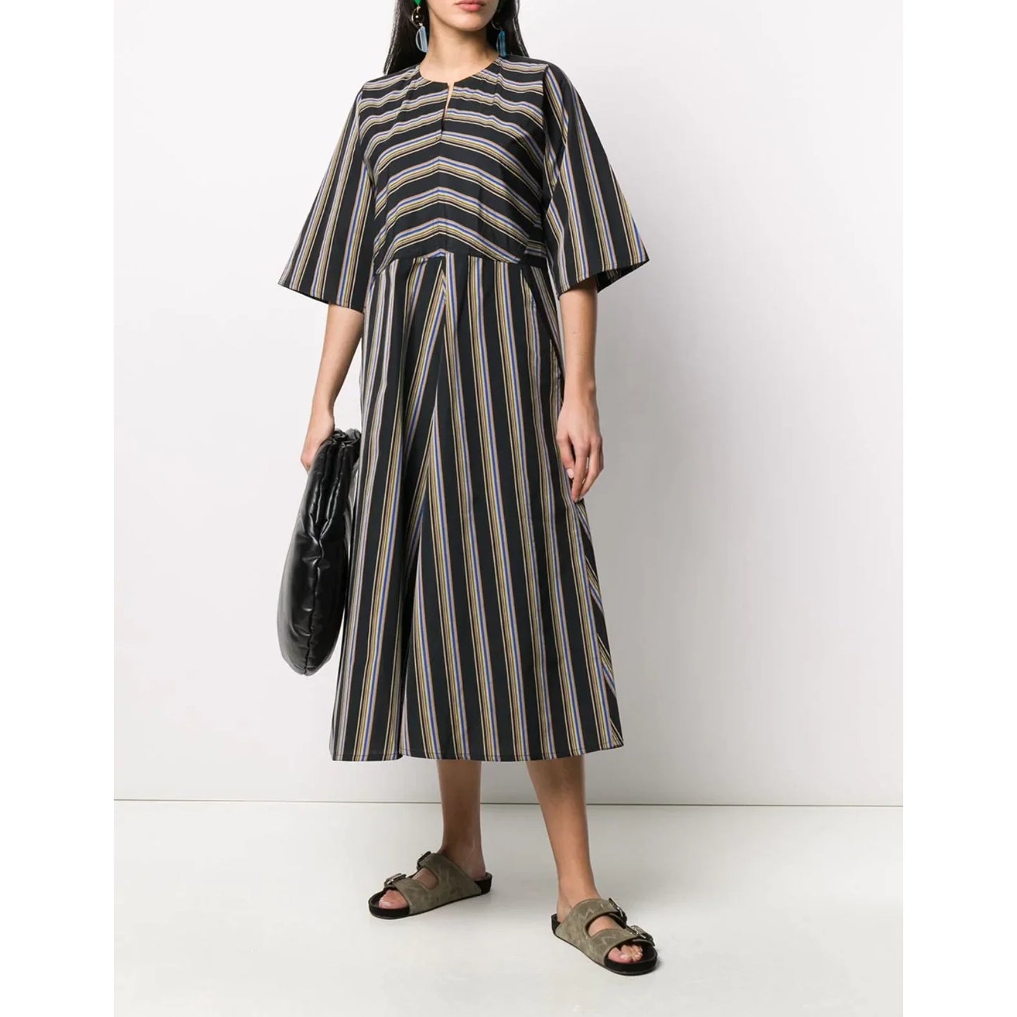 Sofie D'Hoore Striped Double Twisted Cotton Waisted Dress in Black, size 40