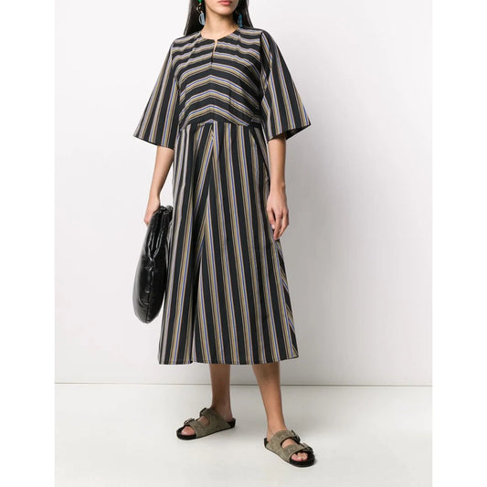 Sofie D'Hoore Striped Double Twisted Cotton Waisted Dress in Black, size 40