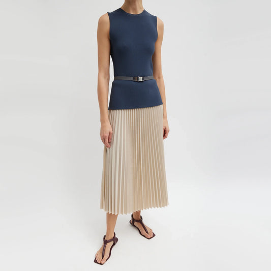 Tibi Italian Sporty Nylon Sunray Pleated Pull On Skirt in Beige, size Large