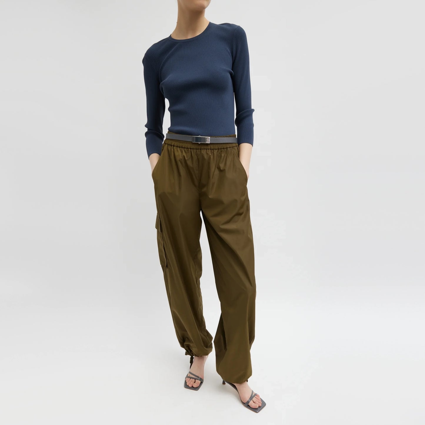 Tibi Italian Sporty Nylon Wide Leg Pull On Pants in "Wood", size XXS