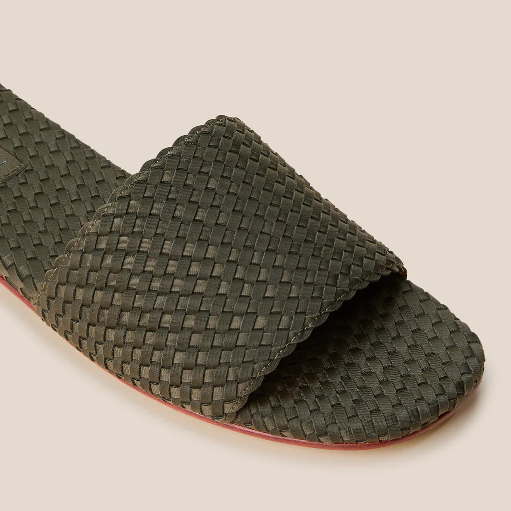 Naghedi "St Barths" Flat Woven Sandals in Olive, size 40