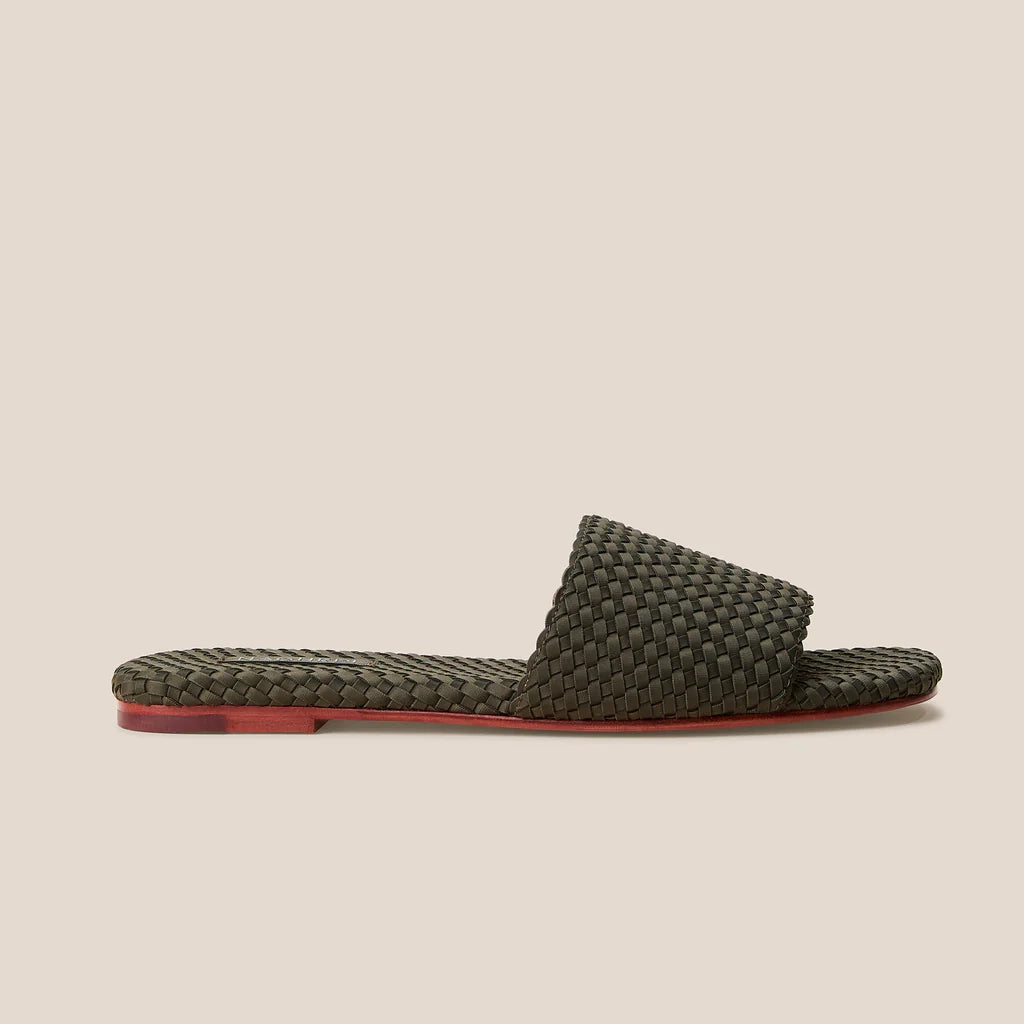 Naghedi "St Barths" Flat Woven Sandals in Olive, size 40