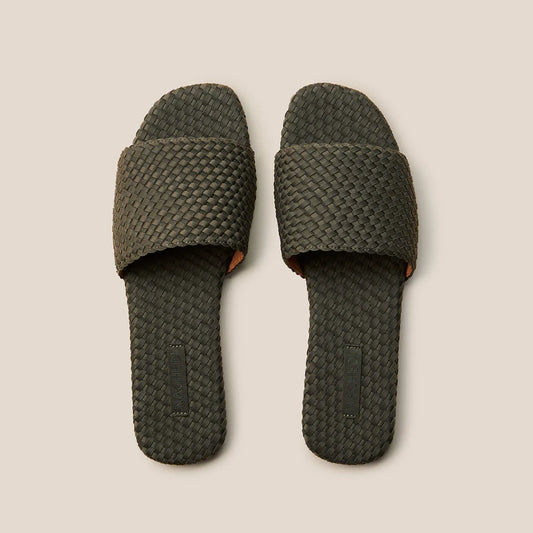 Naghedi "St Barths" Flat Woven Sandals in Olive, size 40