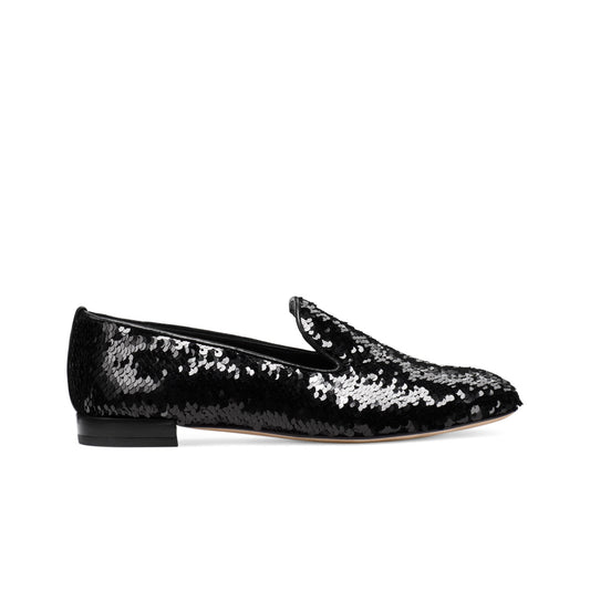 Stuart Weitzman "Pipearky" Black Sequin Loafers, size 5.5