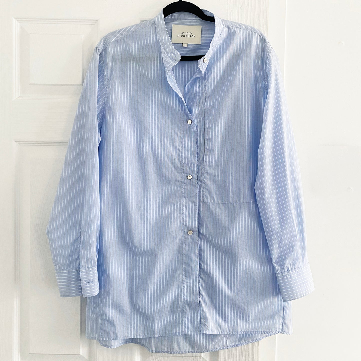 Studio Nicholson "Norman" Striped Shirt in Blue, size "1" (size Small)