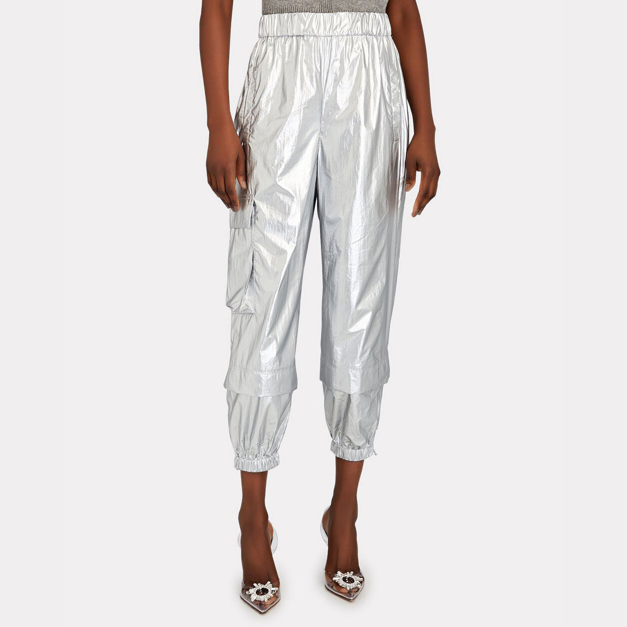 Tibi Silver Metallic Nylon Pull On Wilt Jogger, size Large