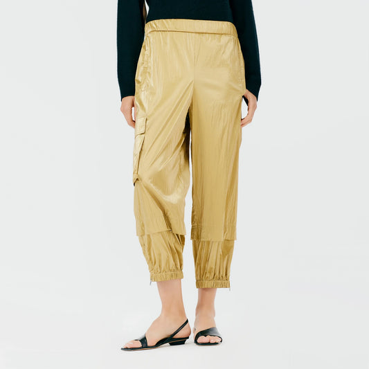 Tibi Gold Metallic Nylon Pull On Wilt Jogger, size Small