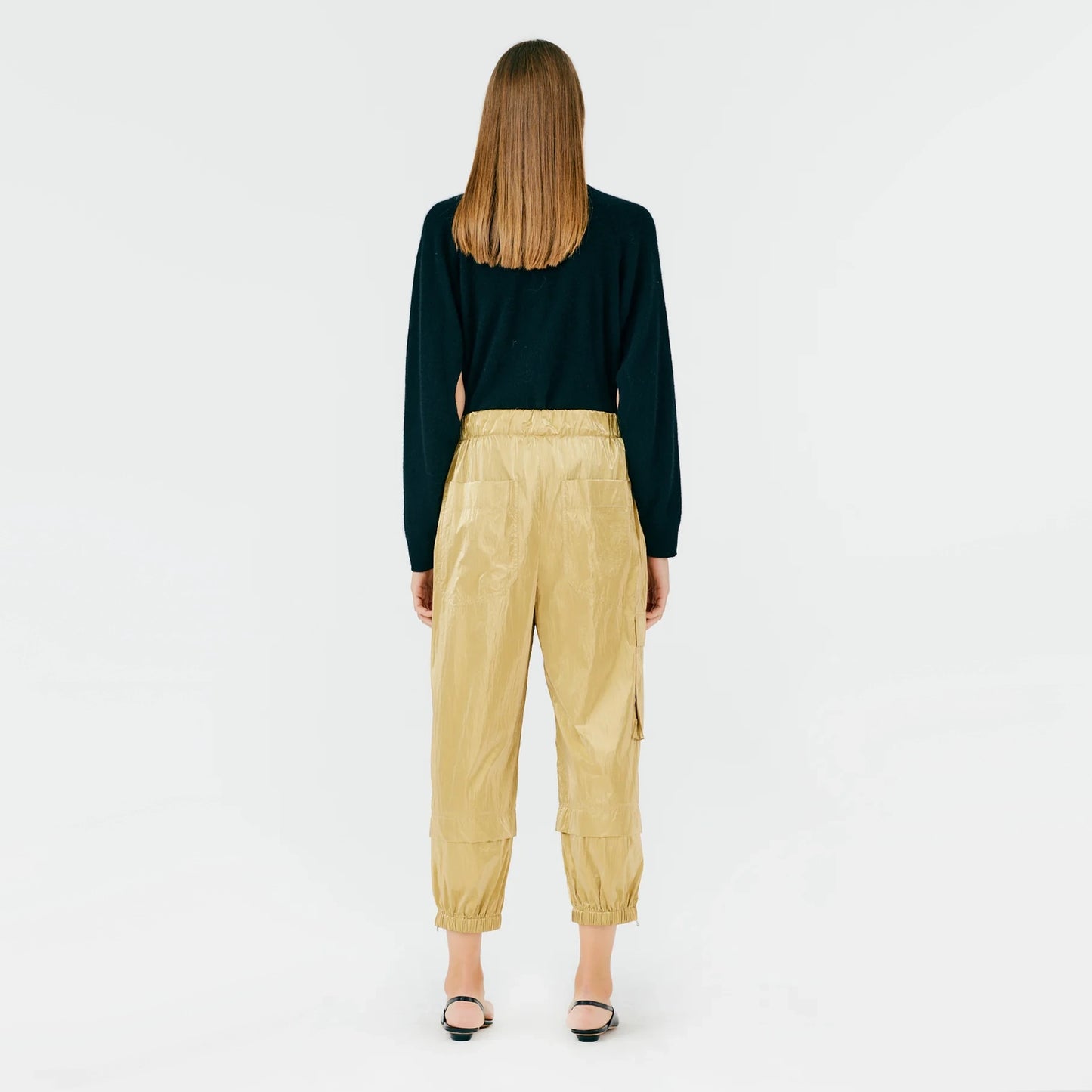 Tibi Gold Metallic Nylon Pull On Wilt Jogger, size Small