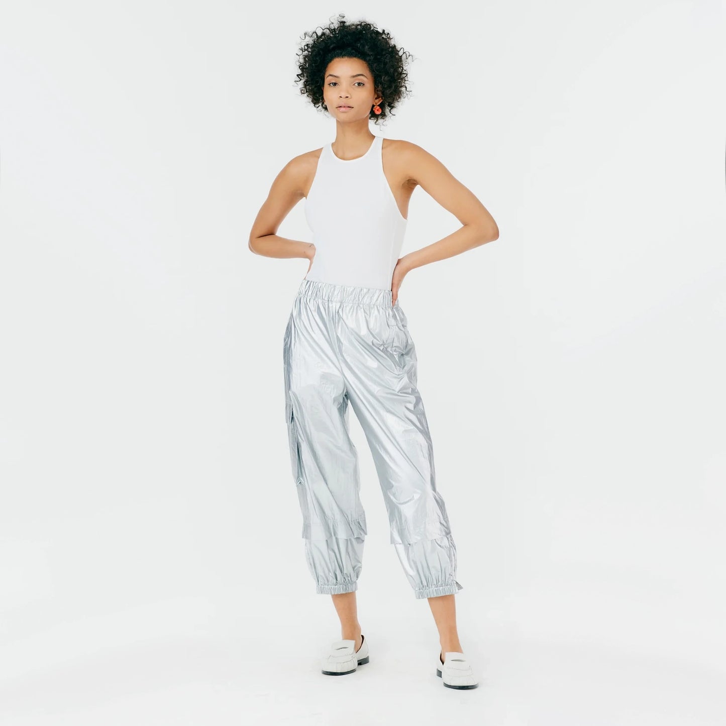 Tibi Silver Metallic Nylon Pull On Wilt Jogger, size Large