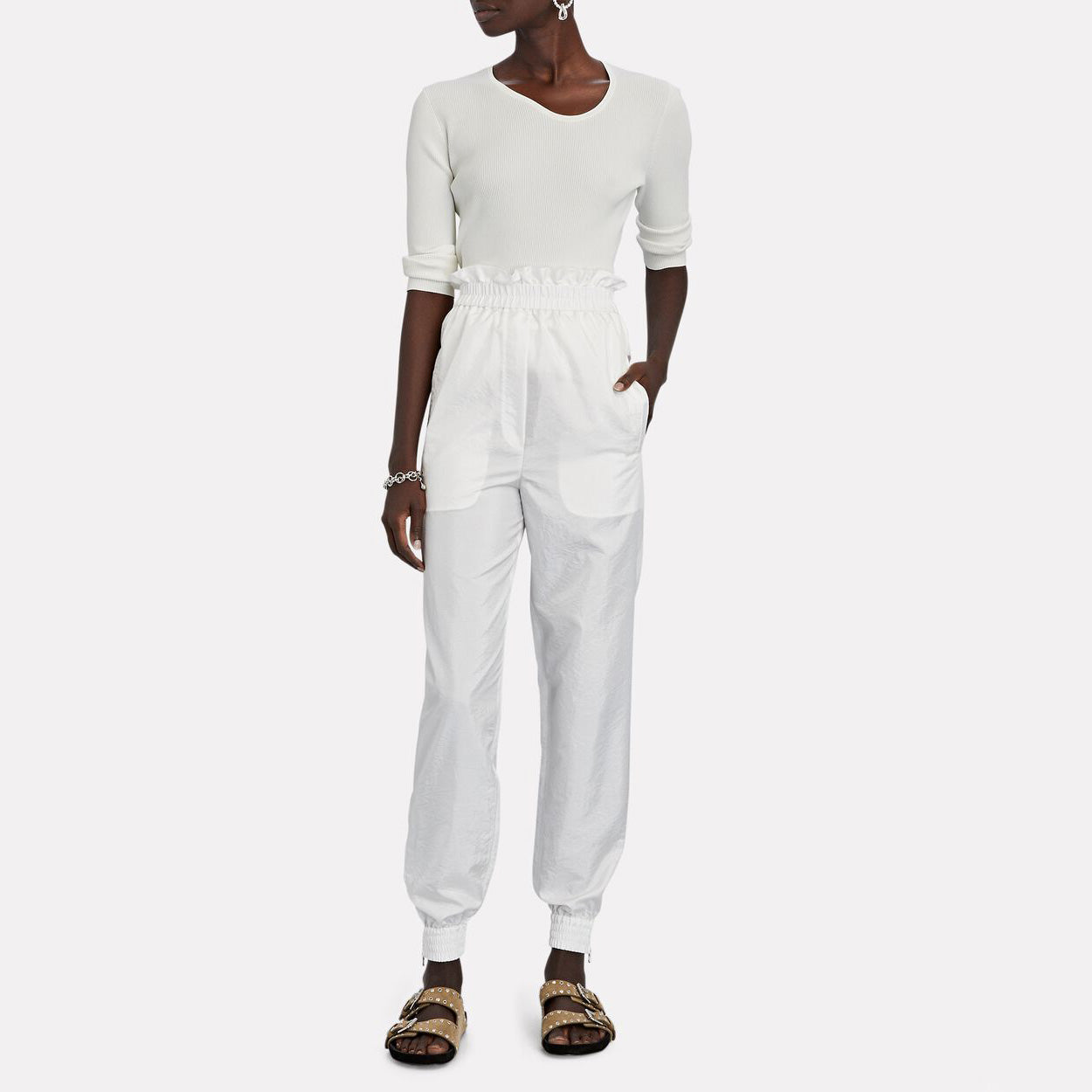 Tibi Nylon Paperbag Waist Pant in White, size XL (fits L/XL)