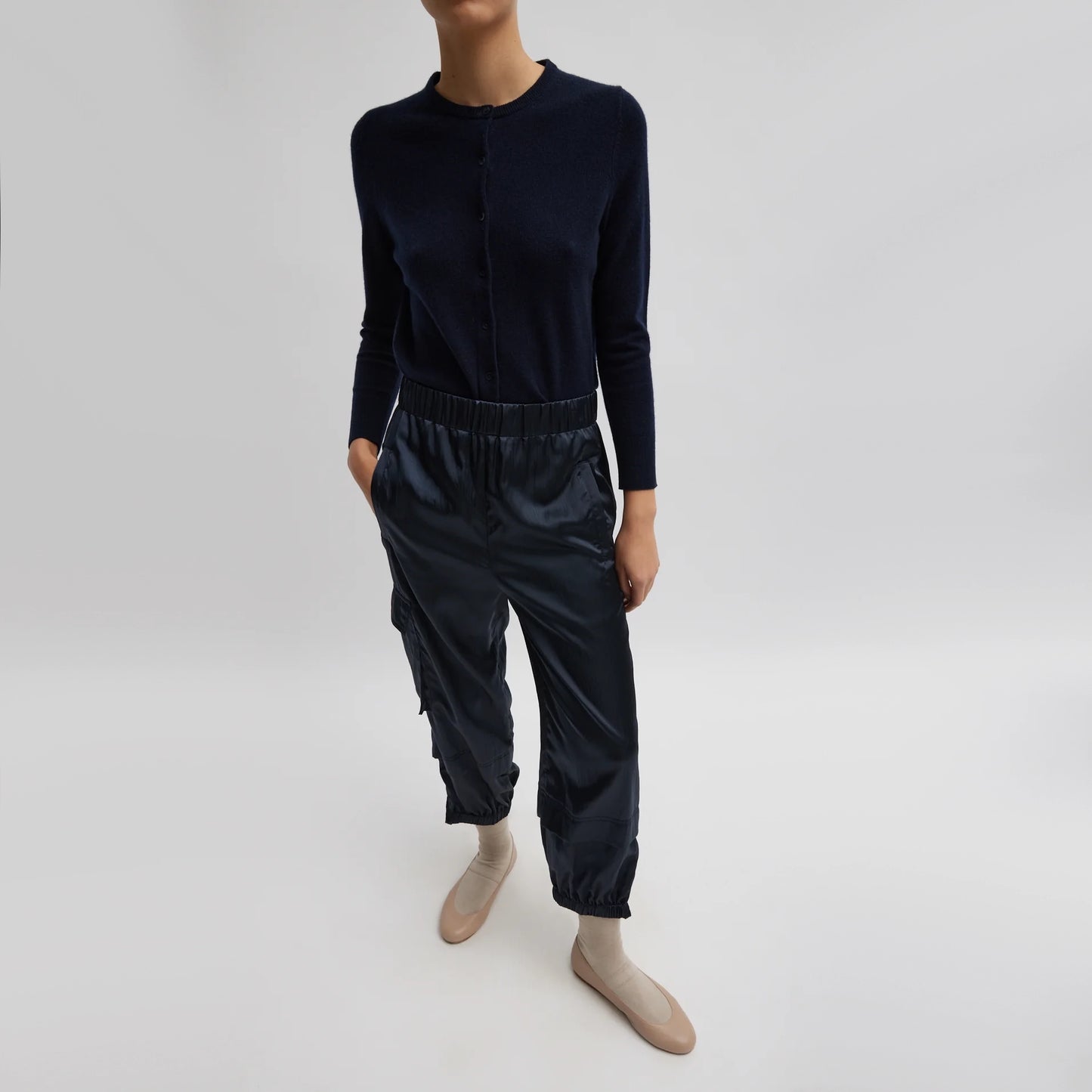 Tibi Shiny Nylon Pull On Wilt Jogger in Navy, size Large (Regular)