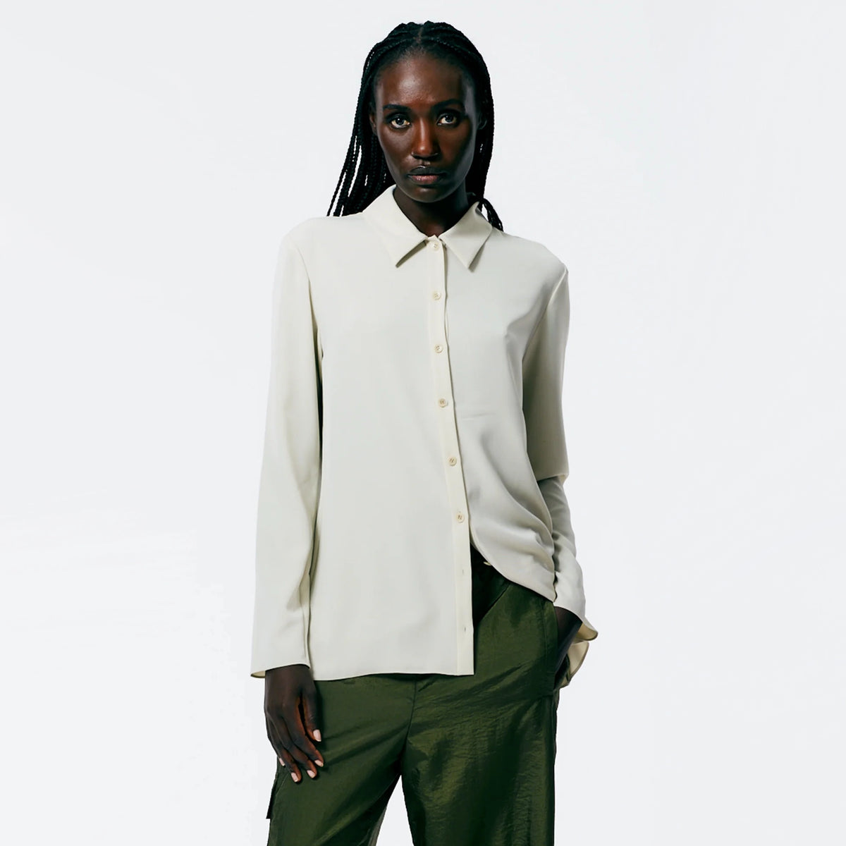 Tibi Soft Drape Slim Shirt in Dune, size 14