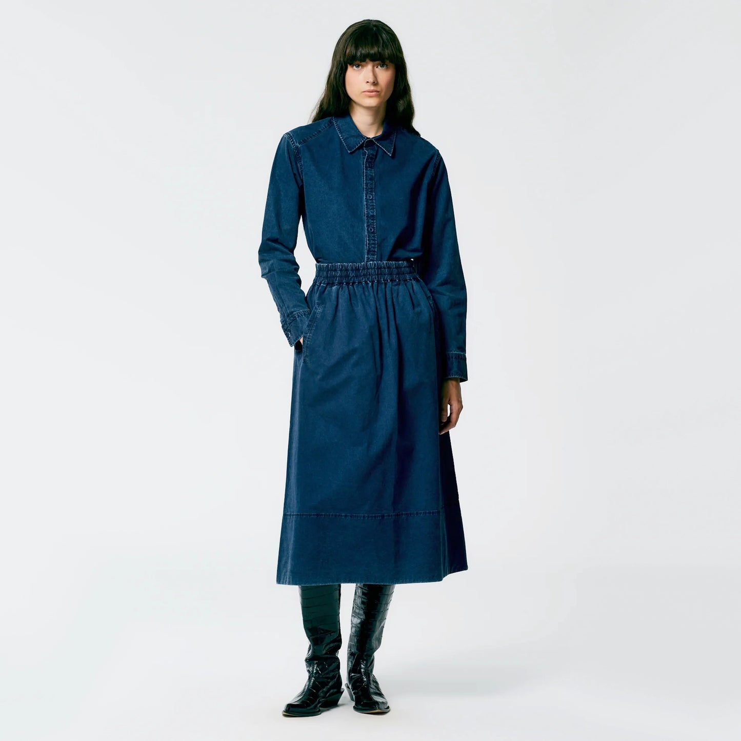 Tibi Tencel Cotton Pull-On Skirt in Denim Blue, size XL