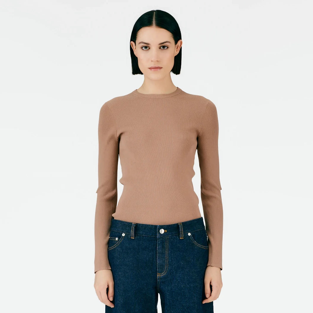 Tibi "Giselle" Slash Sleeve Top in Sand Brown, size Large