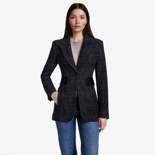 Smythe Tailored Boyfriend Blazer in Charcoal Grey Check, size 6