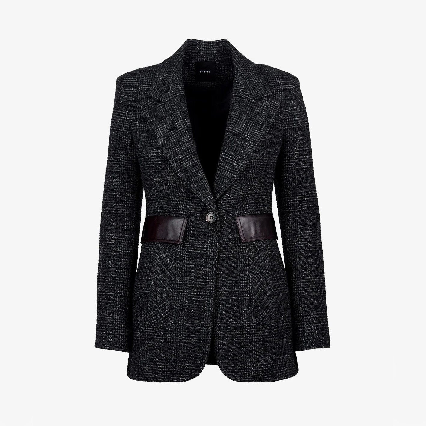 Smythe Tailored Boyfriend Blazer in Charcoal Grey Check, size 6