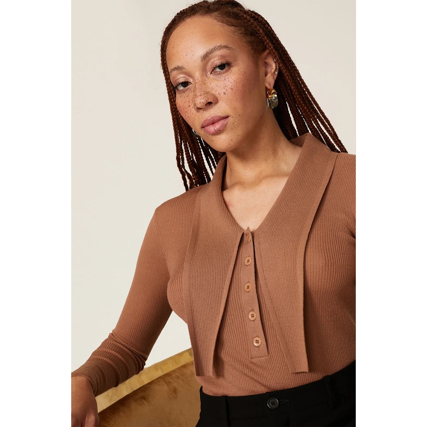 Tibi "Allonge" Collar Ribbed Sweater in Tan, size Large