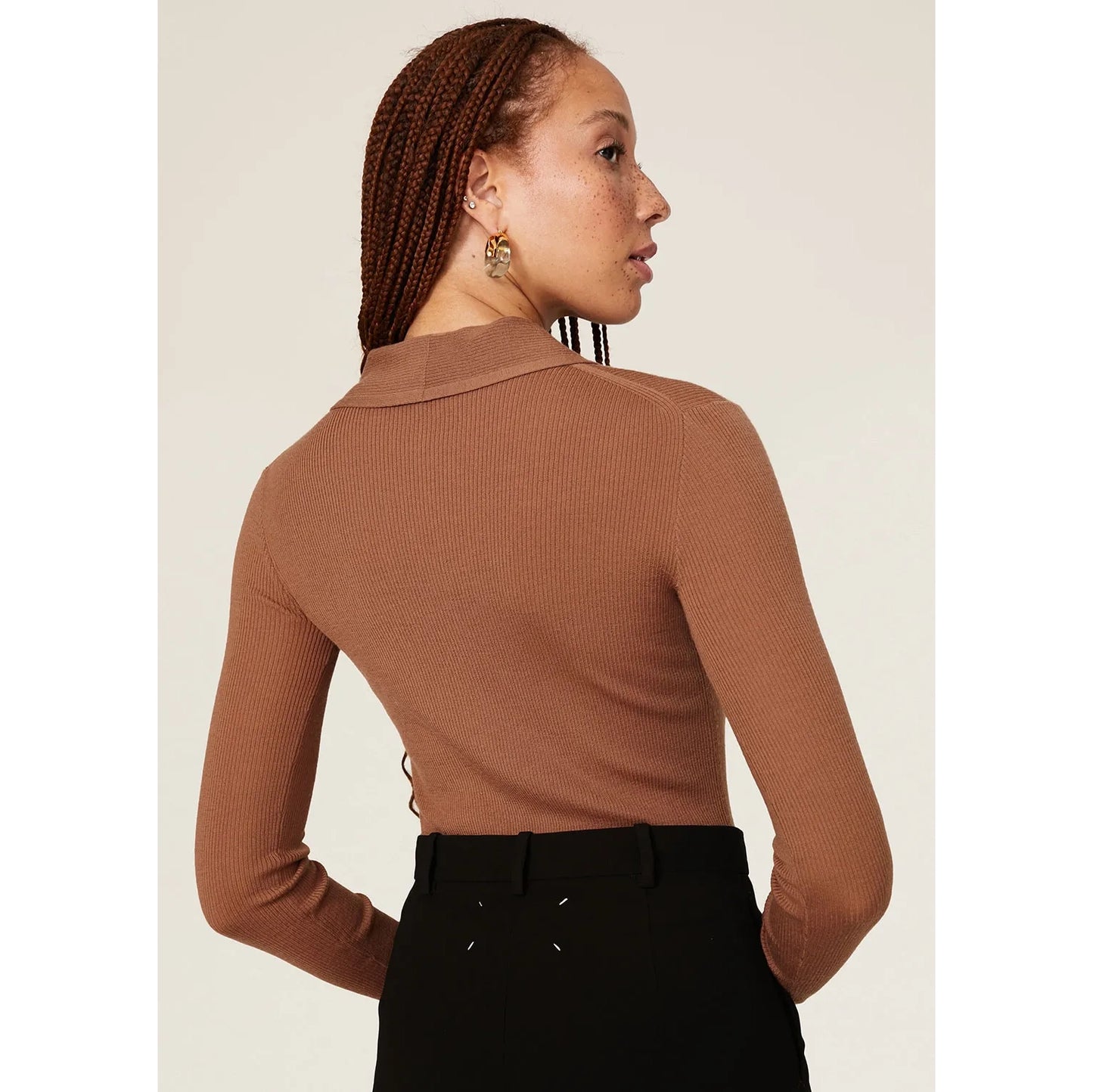 Tibi "Allonge" Collar Ribbed Sweater in Tan, size Large