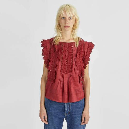 Blouse en lin rouge Isabel Marant avec bordure en crochet, taille 40