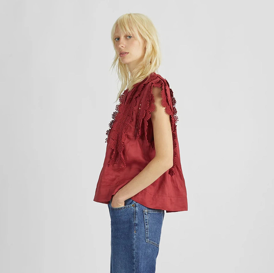 Blouse en lin rouge Isabel Marant avec bordure en crochet, taille 40