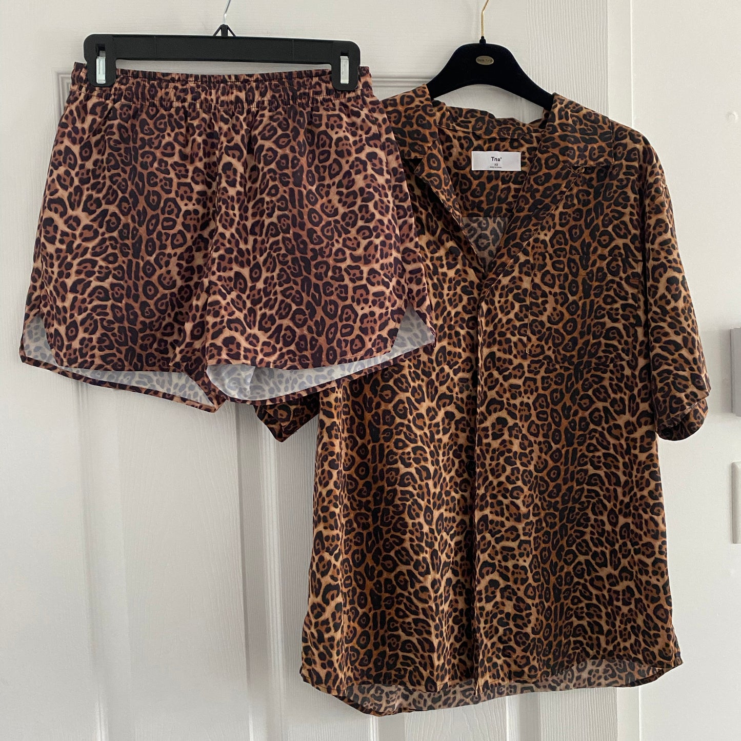 TNA Leopard Print Oversize Shirt and Shorts Set, size XS