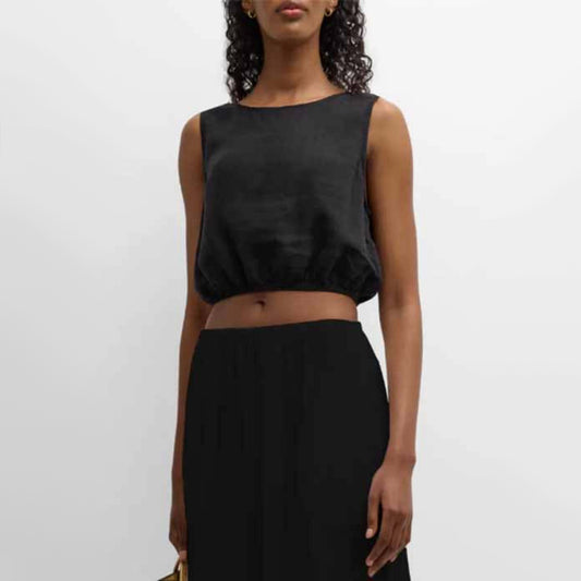 Xirena "Tallie" Cropped Linen Top in Black, size Small