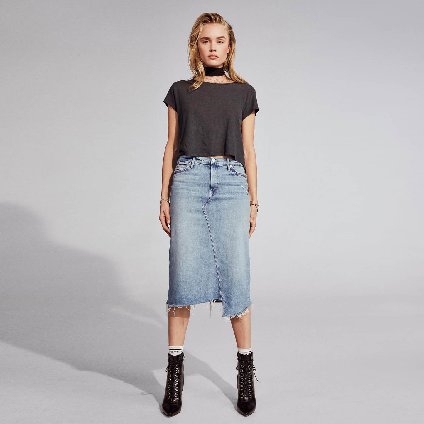 Mother Denim "A Step Midi" Denim Skirt in "Misbeliever", size 26