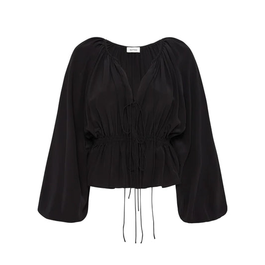 Matteau Tie Front Silk Blouse in Black, size "5" (size large)