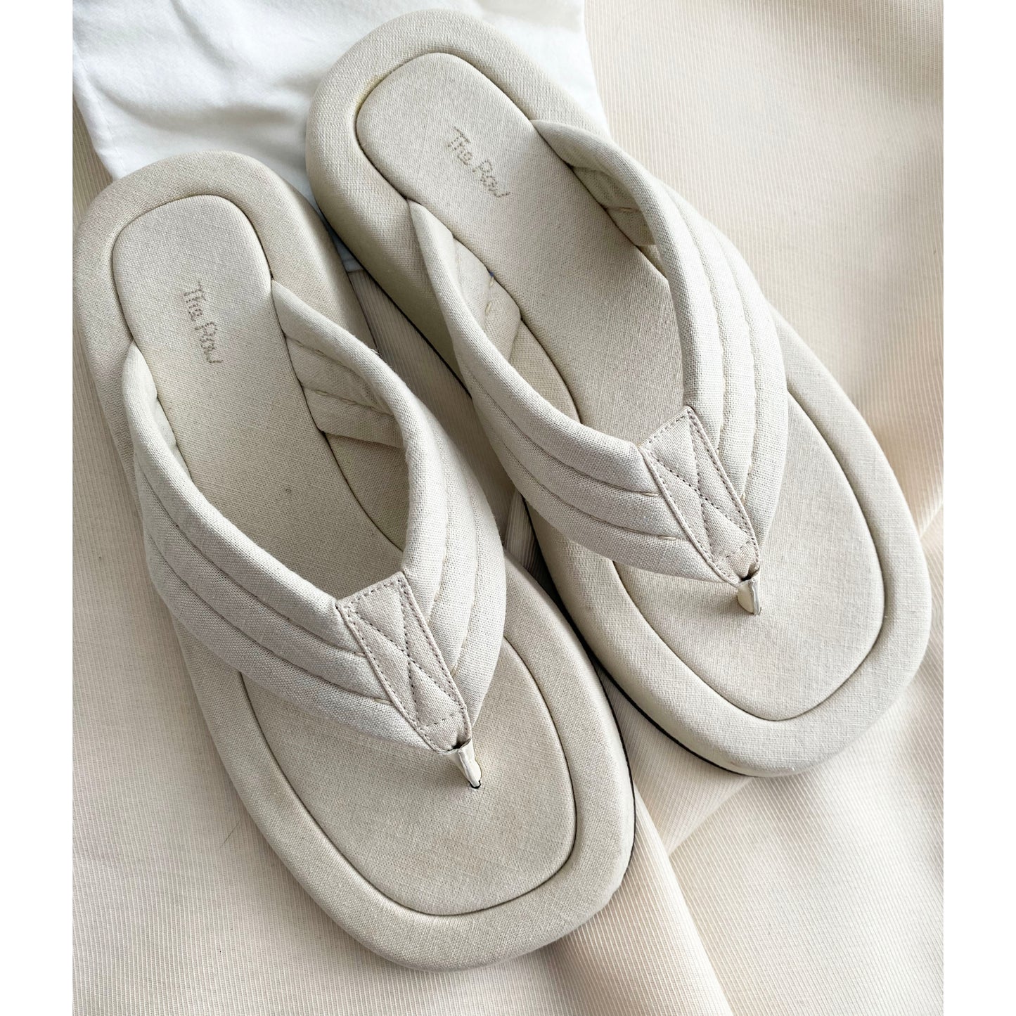 The Row "Ginza" Slides in Ivory Canvas, size 39