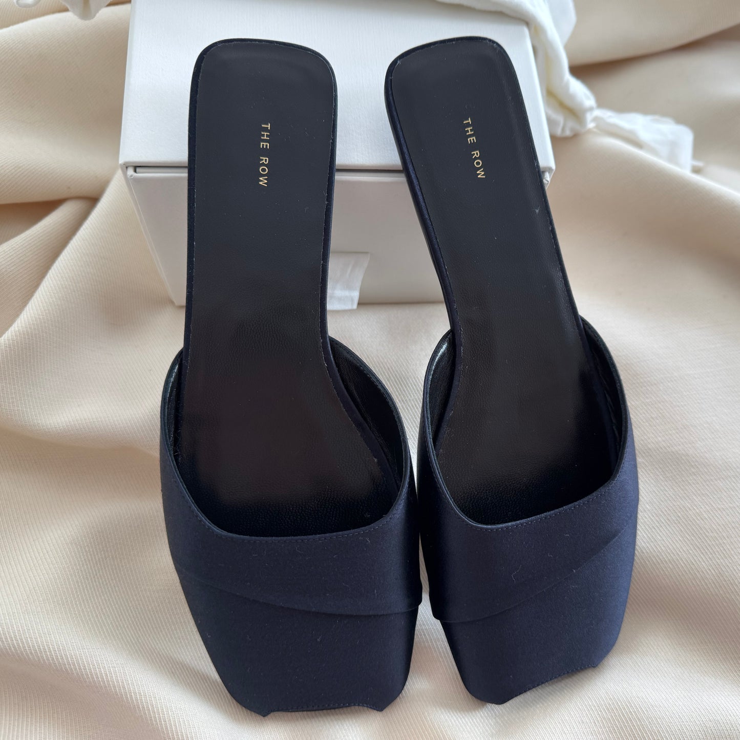 The Row "Milla" Satin Slides in Navy, size 39.5