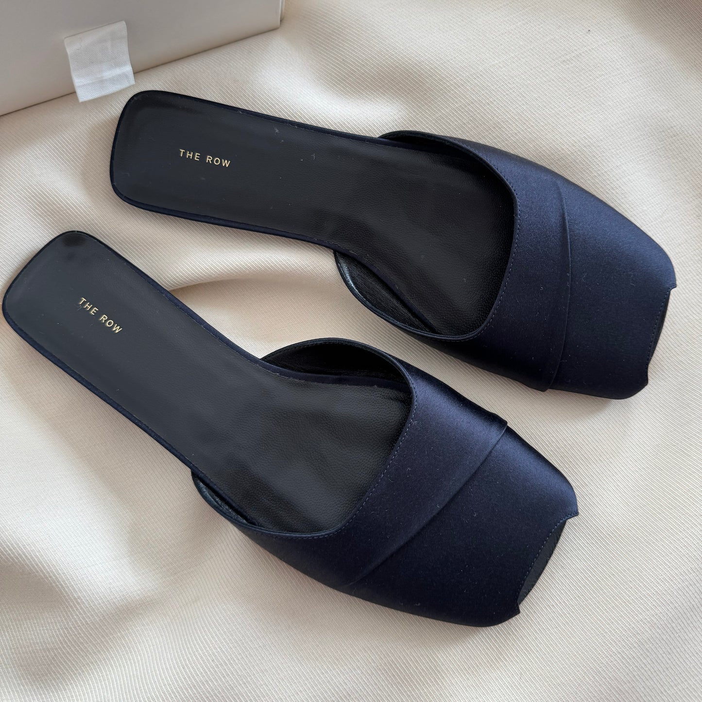 The Row "Milla" Satin Slides in Navy, size 39.5